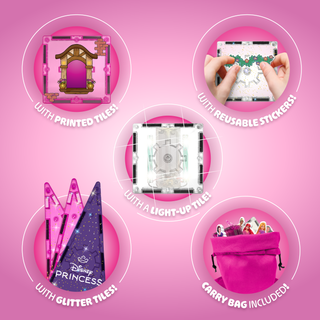 [COMING SOON, PREORDER TODAY!] Official Disney Princess Magnetic Character Tiles – 24-Piece Set with Light-up Tile!